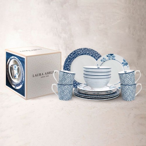 Dinnerware 16 pieces Blueprint 4, Laura Ashley: 4 mugs, 4 bowls, 4 plates 23 cm and 4 plates 26 cm. Dishwasher safe.