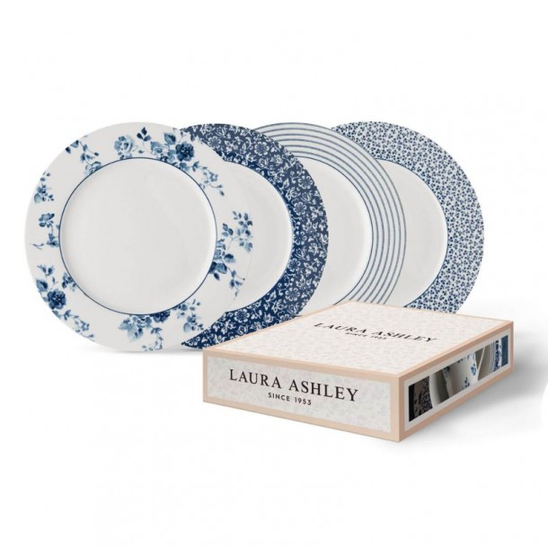 Set of 4 plates 26 cm: Floris, Candy Stripe, Sweet Allysum and China Rose. In a gift box. Blueprint Collection, Laura Ashley.