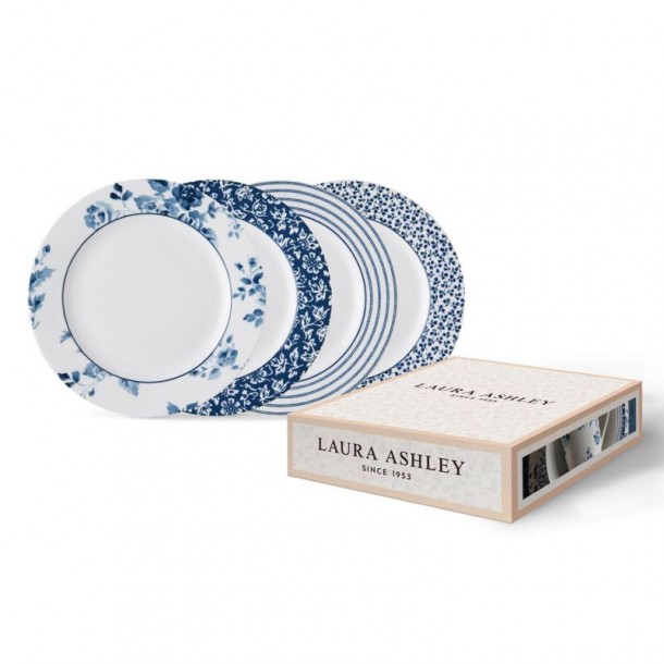 4 Plates with assorted print, 20 cm. Blueprint Collection, by Laura Ashley. Includes gift box.