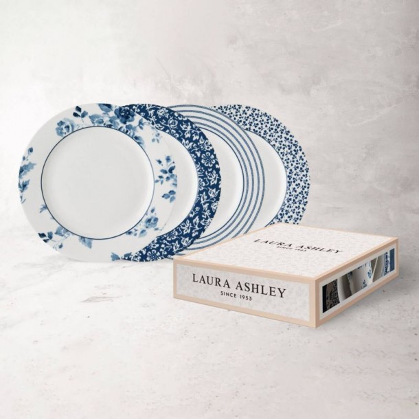 4 Plates with assorted print, 23 cm. Blueprint Collection, by Laura Ashley. Includes gift box.