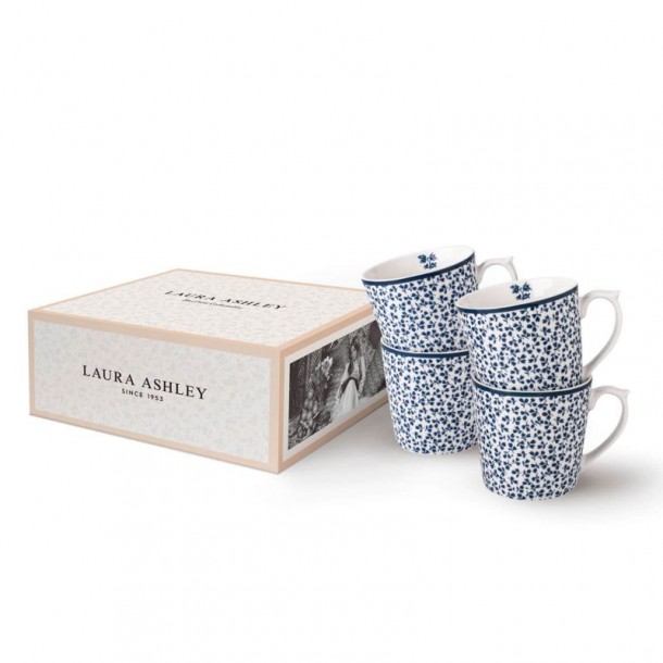 4 mugs with Floris print. In a gift box and with a capacity of 35 cl. Blueprint Collection, by Laura Ashley.