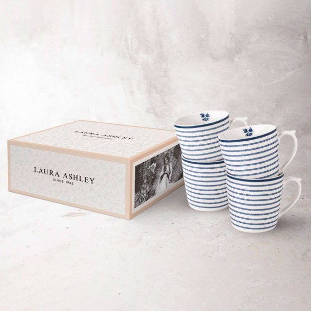 4 mugs with Candy Stripe print. In a gift box and with a capacity of 35 cl. Blueprint Collection, by Laura Ashley.
