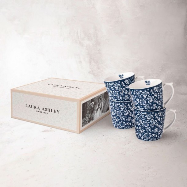 4 mugs with Sweet Allysum print. In a gift box and with a capacity of 35 cl. Blueprint Collection, by Laura Ashley.