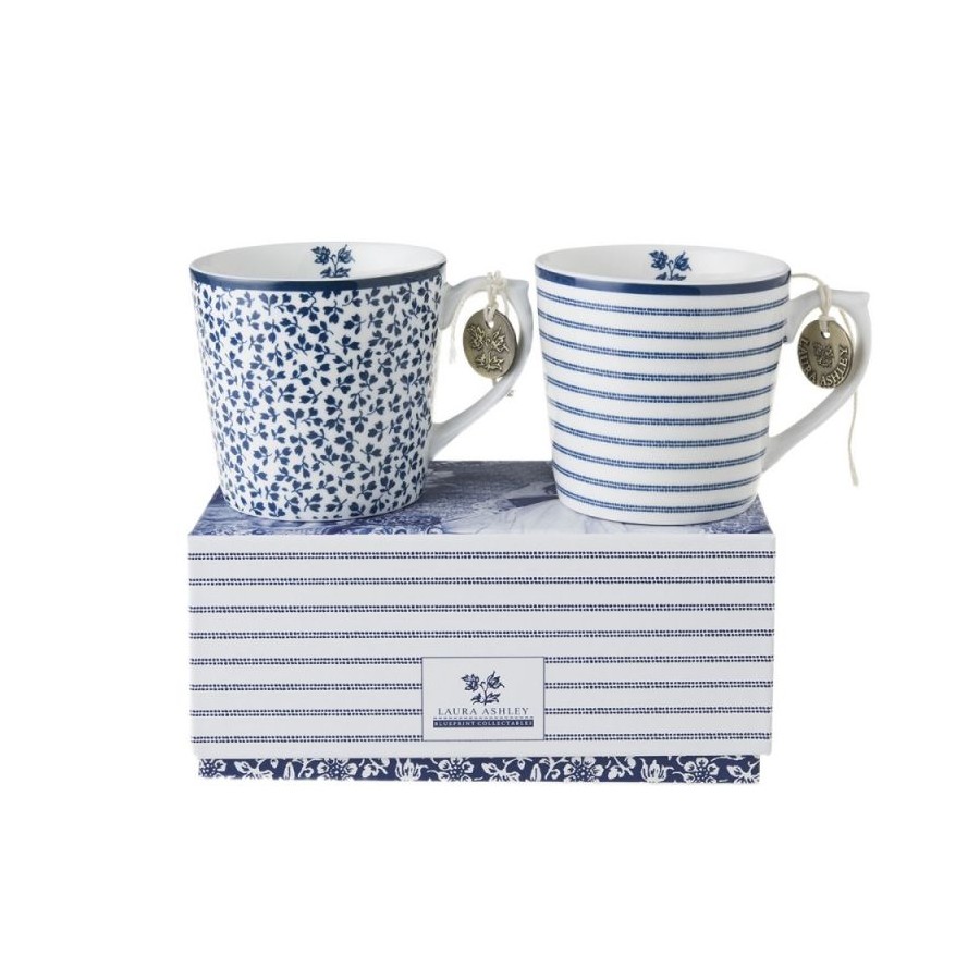 Juego 2 mini tazas 24 cl Floris y Candy Stripe. Colección Blueprint, de Laura Ashley. Incluye caja regalo.