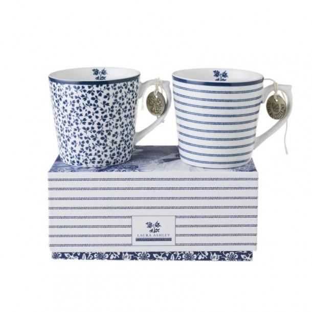 Juego 2 mini tazas 24 cl Floris y Candy Stripe. Colección Blueprint, de Laura Ashley. Incluye caja regalo.