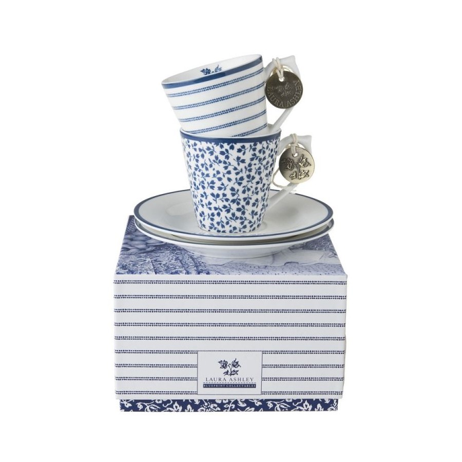 2 Mini mug and plate set. Floris and Candy Stripe, 9 cl. Blueprint Collection, by Laura Ashley. Includes gift box.