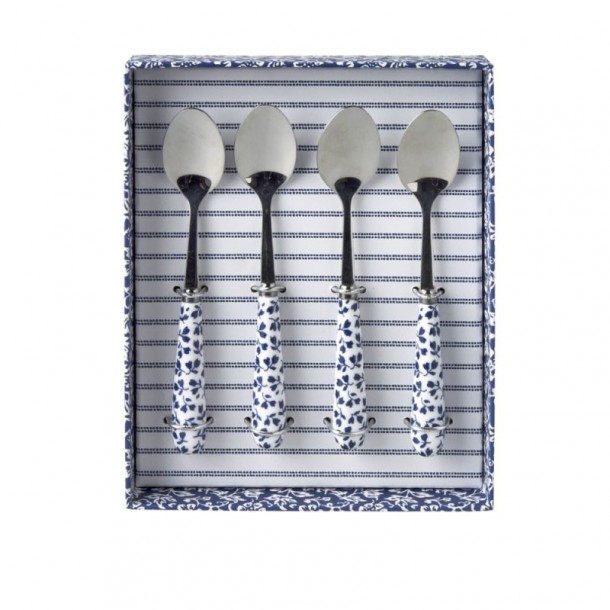 Set de 4 cucharillas de postre, con estampado Floris. Colección Blueprint, de Laura Ashley. Incluye caja de regalo.