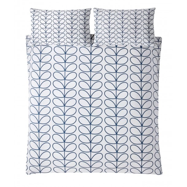 Orla Kiely bed set. Blue, with Linear Stem print. Off-white background. Includes reusable cotton bag.