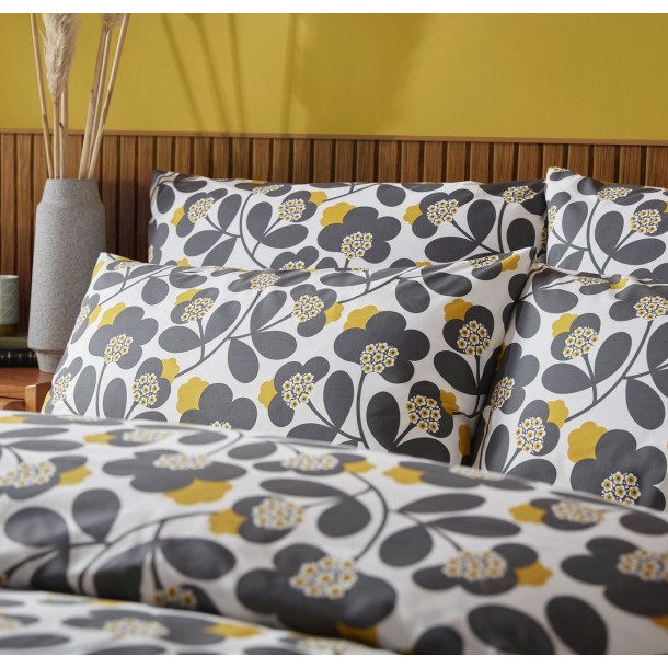 Set de cama Orla Kiely. Estilo kimono clásico con flores japonesas retro. Algodón 100 % color grafito y amarillo diente de león.