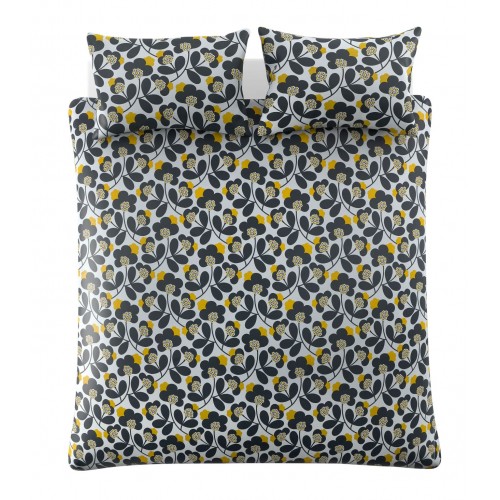 Set de cama Orla Kiely. Estilo kimono clásico con flores japonesas retro. Algodón 100 % color grafito y amarillo diente de león.