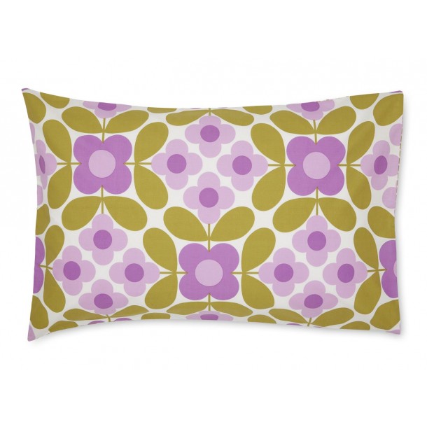 Orla Kiely bed set. Inspired by classic Delft floral tiles, Mauve, Violet and Moss Green. Reversible.